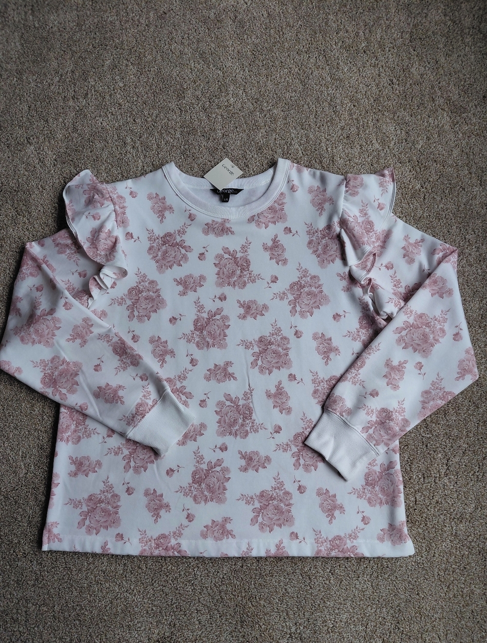 George White Top with Pink Floral Print and Ruffle Shoulders